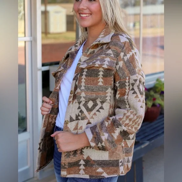 Camel aztec boho Geo print shacket Drop Shoulder Coat